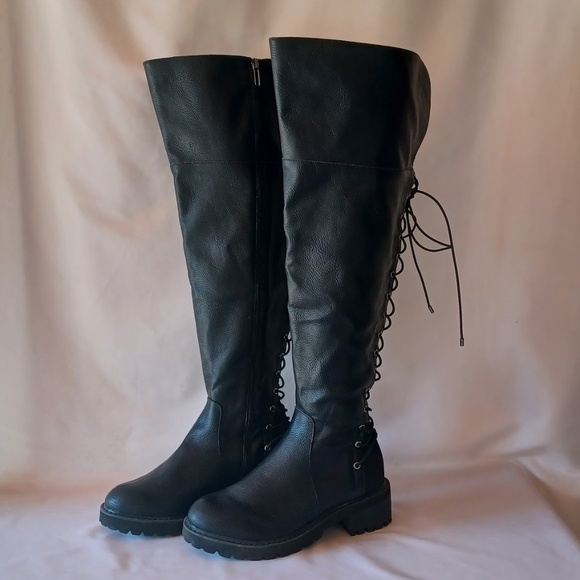 Torrid Corset Back Boots Black Vegan Leather Over The Knee Extra Wide 7.5WW - Picture 1 of 11